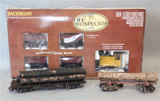 A boxed Bachmann The Prospector G gauge train set and Bachmann and other makers G gauge rolling stock, a quantity, used